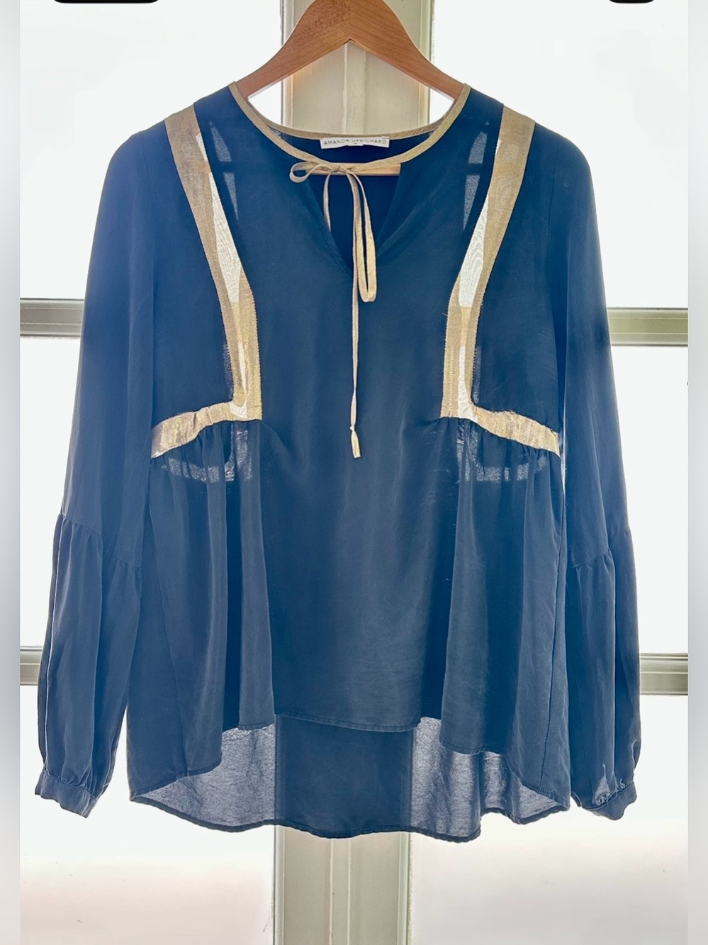 AMANDA UPRICHARD SILK “MAYAN”Blouse in Luxe Black w/Metallic Gold Trim. V-Neck